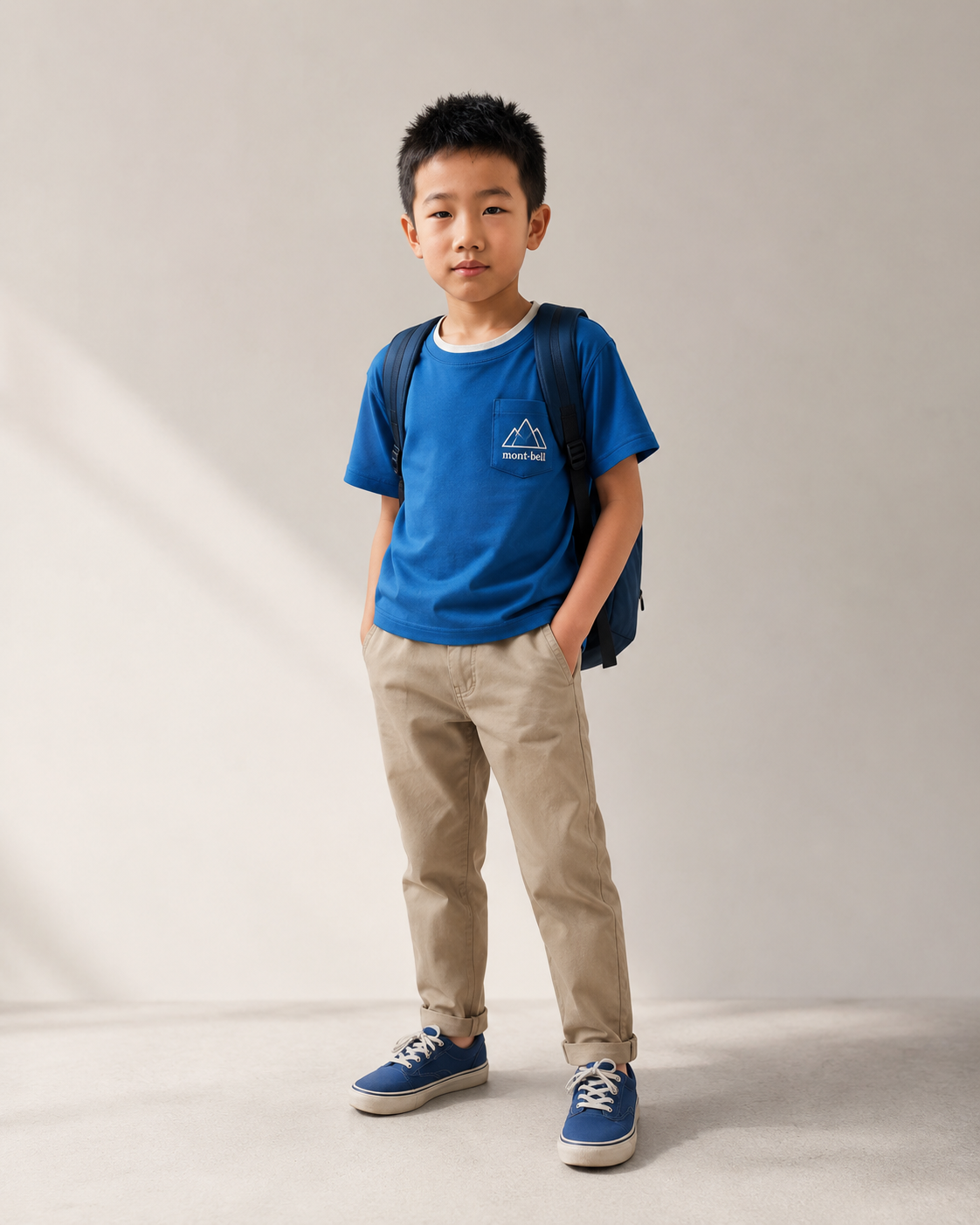 背着书包、穿蓝色上衣的小学生舟小狗